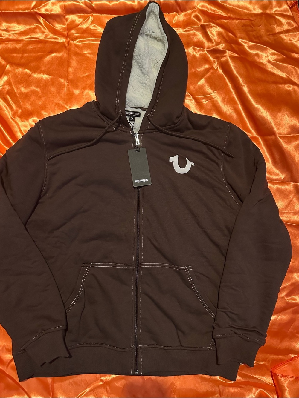 True Religion Men’s Brown Sherpa-Lined Full Zip Hoodie